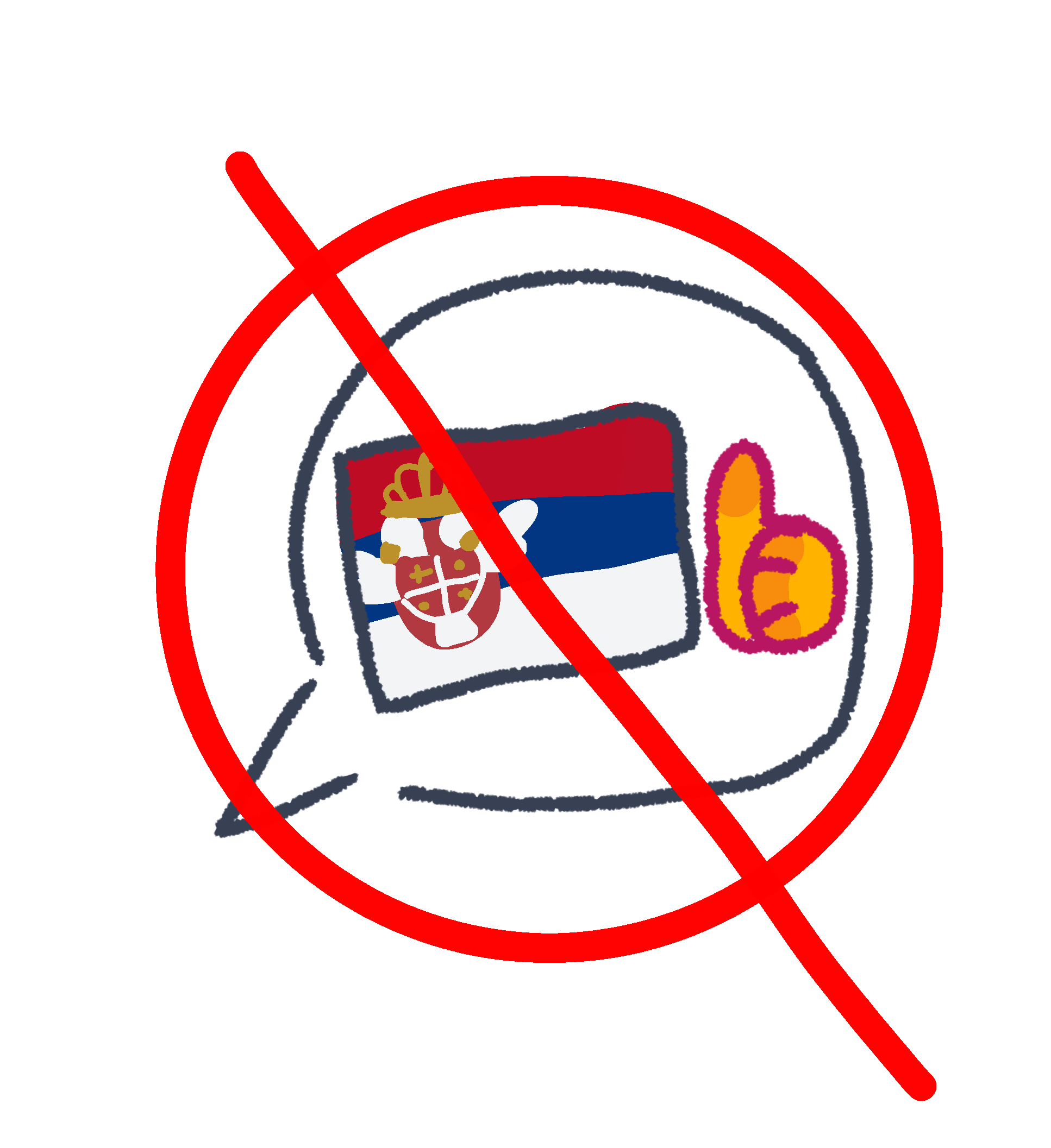 a white speech bubble with the Serbian flag next to a yellow thumbs up inside. Over the speech bubble is a red no sign.